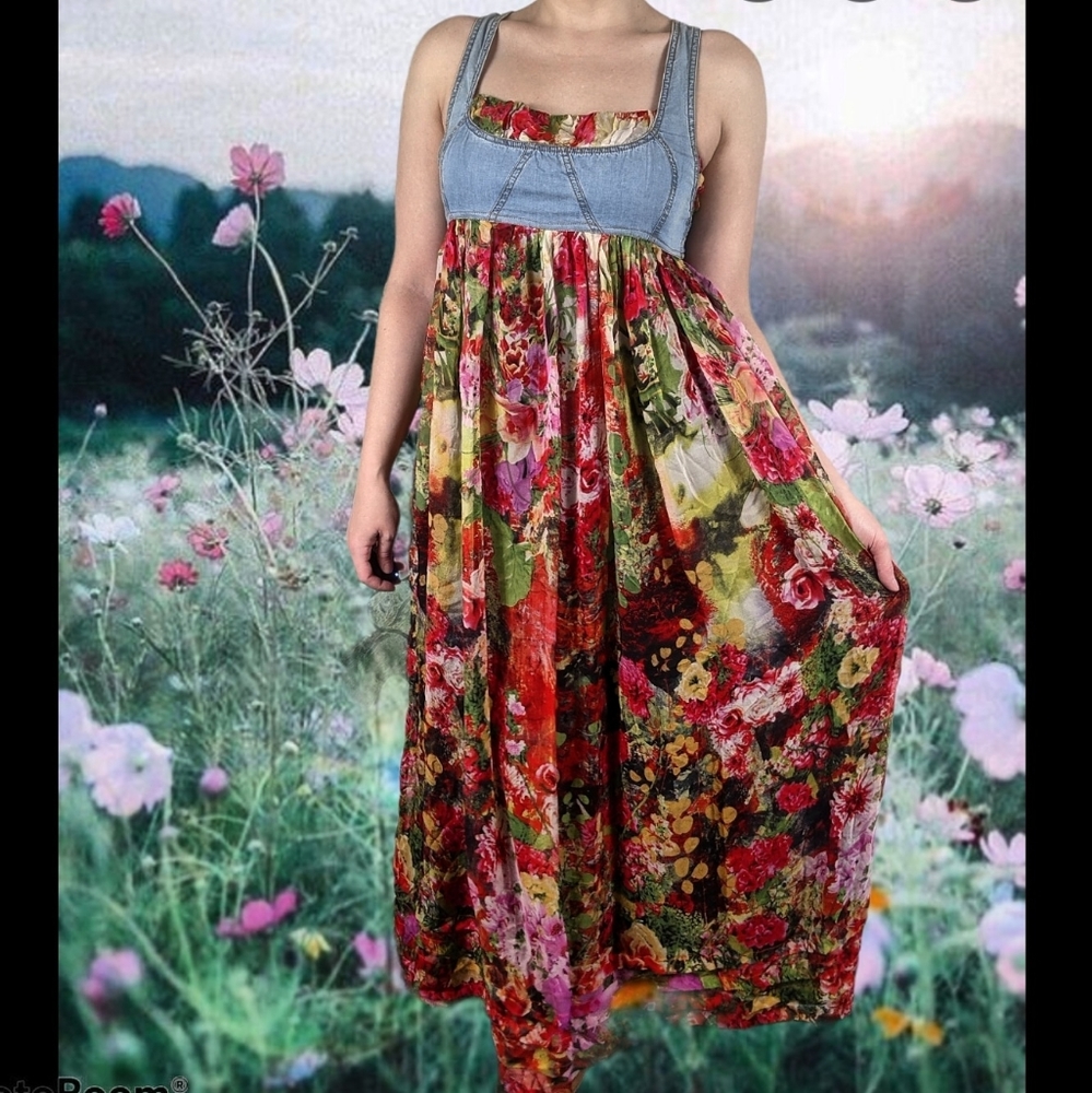Floral silk dress '90s style maxi denim bustier s